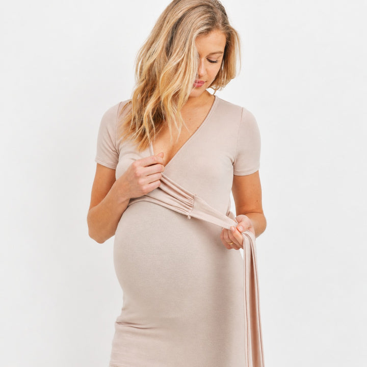 Maternity &amp; Nursing Short Sleeve Taupe Wrap Top
