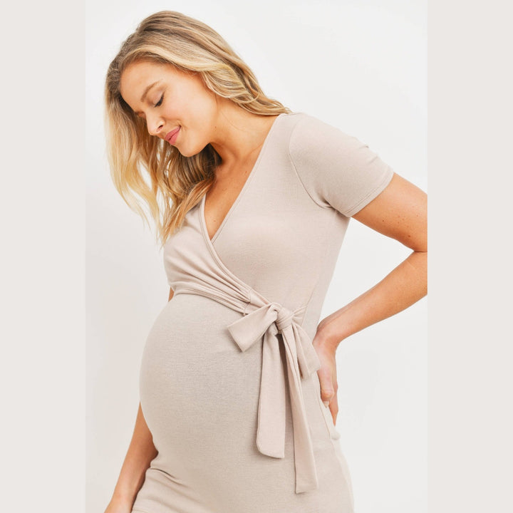 Maternity &amp; Nursing Short Sleeve Taupe Wrap Top