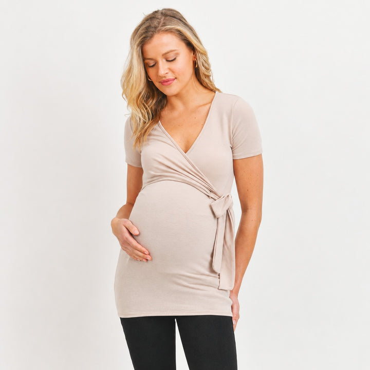 Maternity &amp; Nursing Short Sleeve Taupe Wrap Top