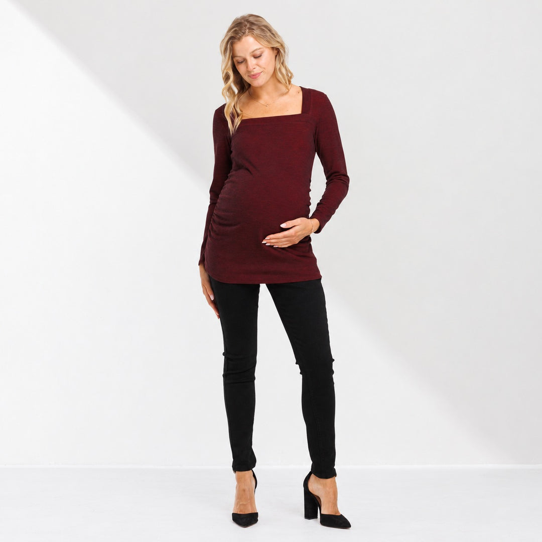 Square Neck Green Long Sleeve Ruched Maternity Top