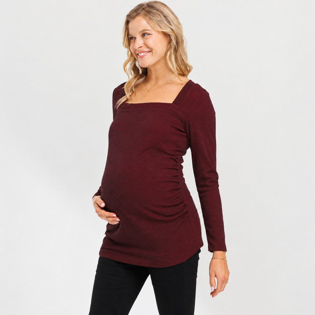 Square Neck Green Long Sleeve Ruched Maternity Top