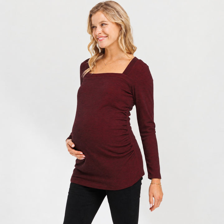 Square Neck Green Long Sleeve Ruched Maternity Top
