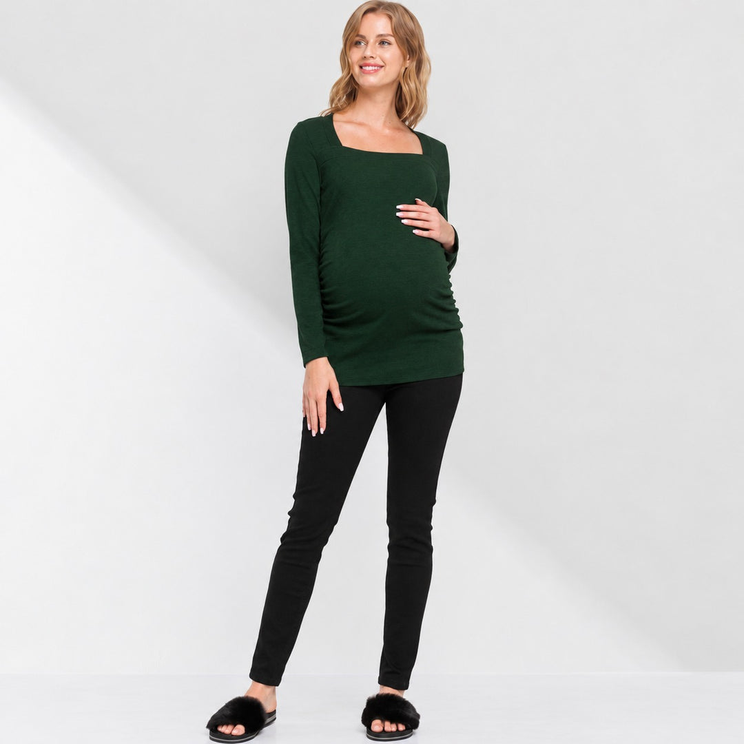 Square Neck Green Long Sleeve Ruched Maternity Top