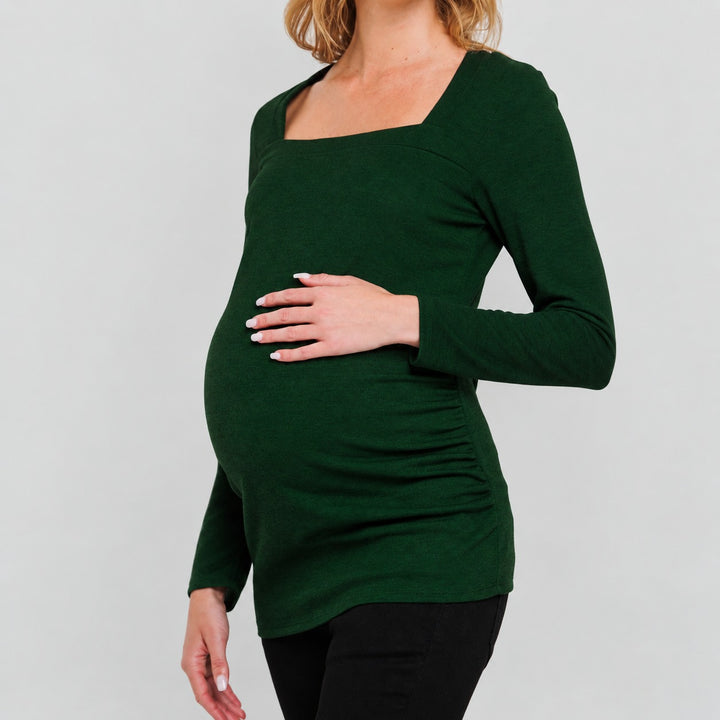 Square Neck Green Long Sleeve Ruched Maternity Top