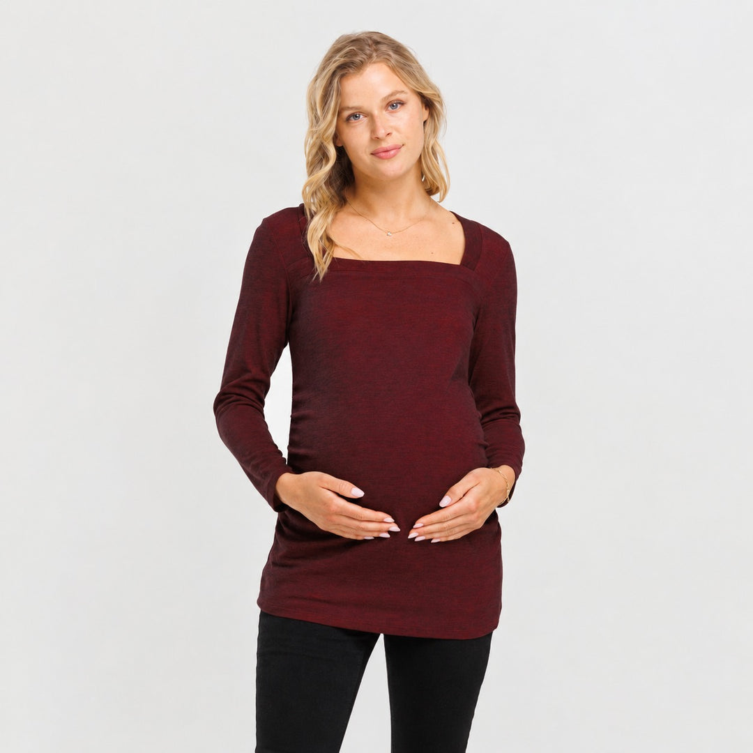 Square Neck Green Long Sleeve Ruched Maternity Top