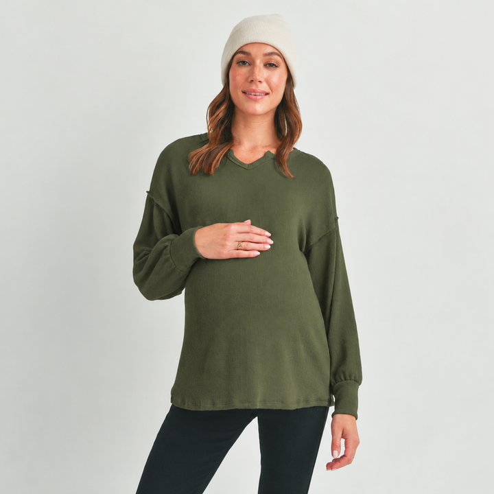Ribbed Notch Neck Long Sleeve Olive Maternity Top