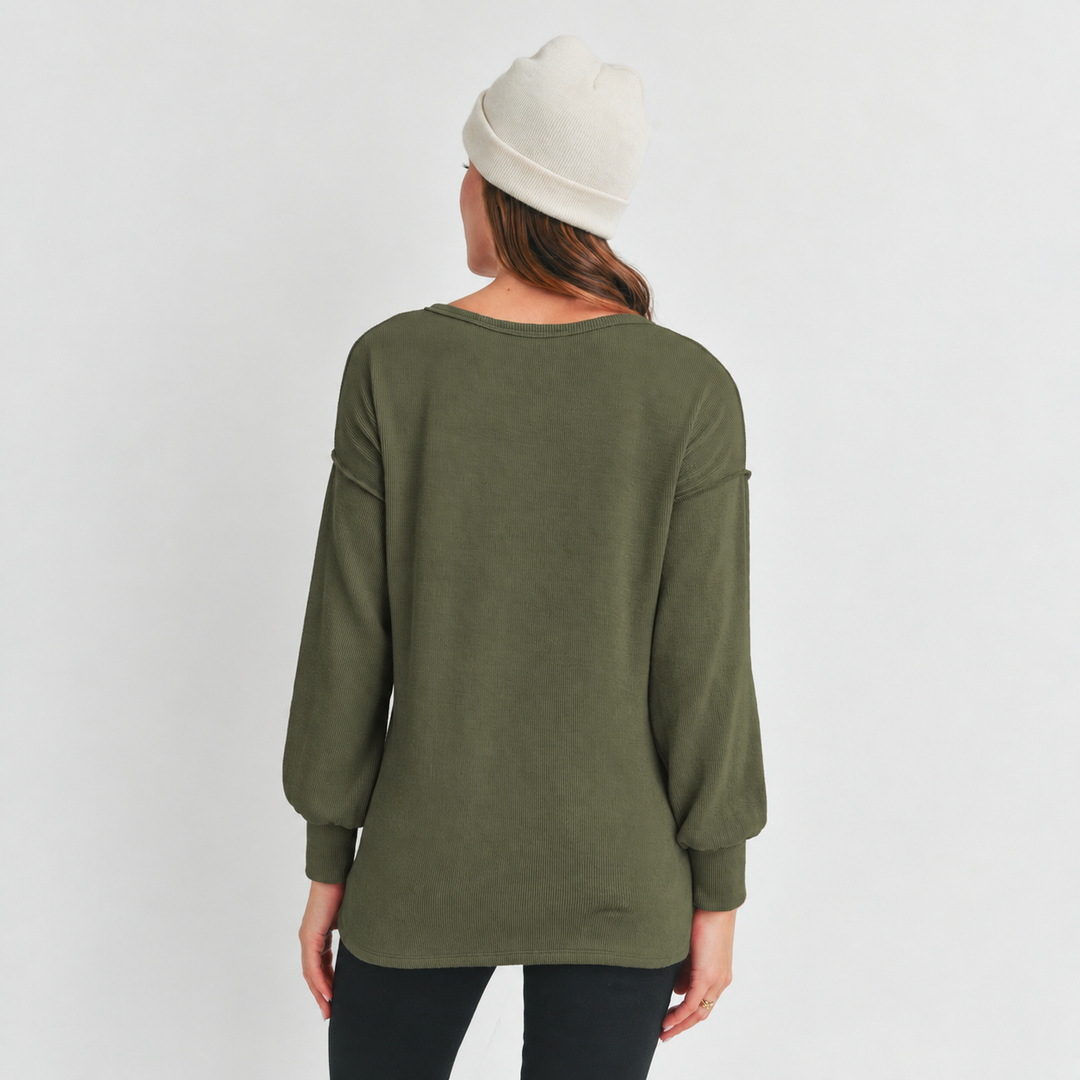 Ribbed Notch Neck Long Sleeve Olive Maternity Top