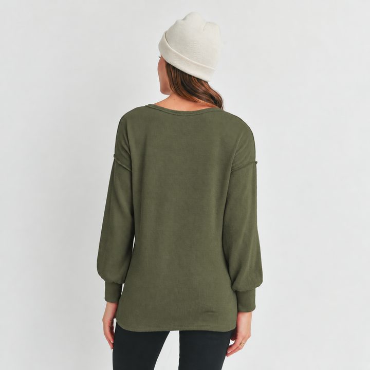 Ribbed Notch Neck Long Sleeve Olive Maternity Top