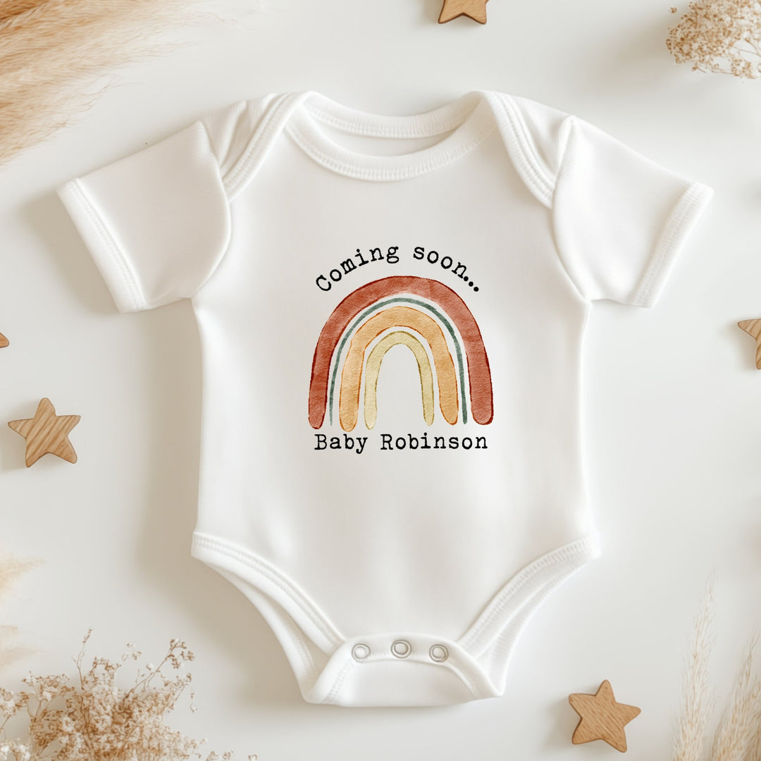 Personalised Coming Soon Unisex Rainbow Baby Announcement Vest