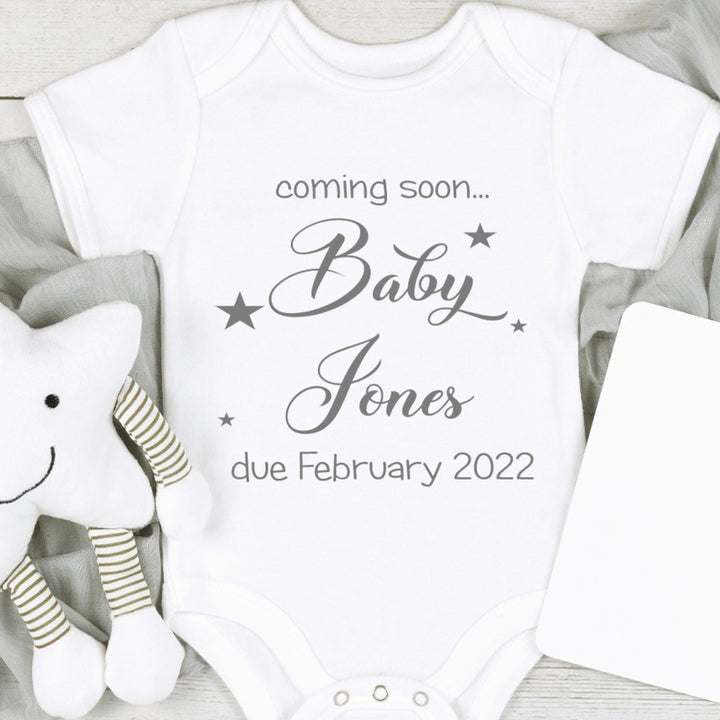 Personalised Coming Soon Baby Name Baby Announcement Vest