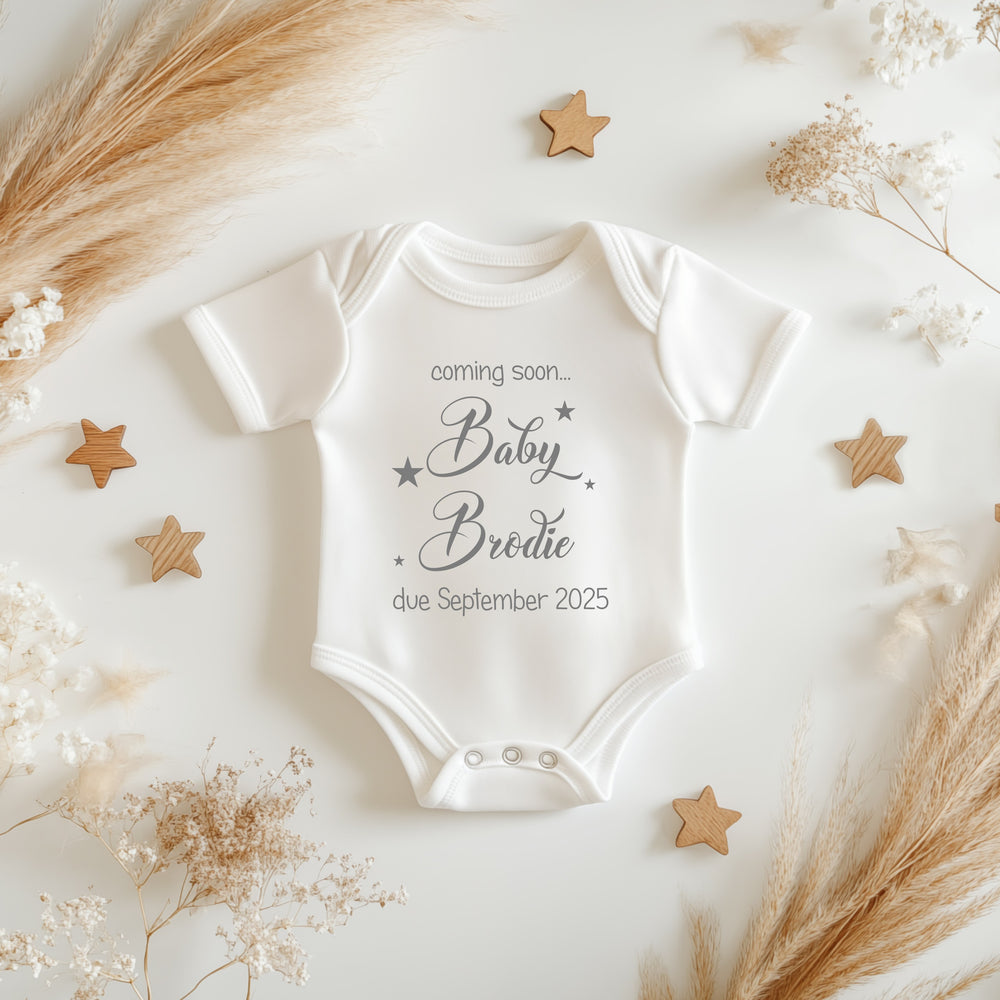 Baby announcement vests that says: Coming soon... Baby Brodie due September 2025