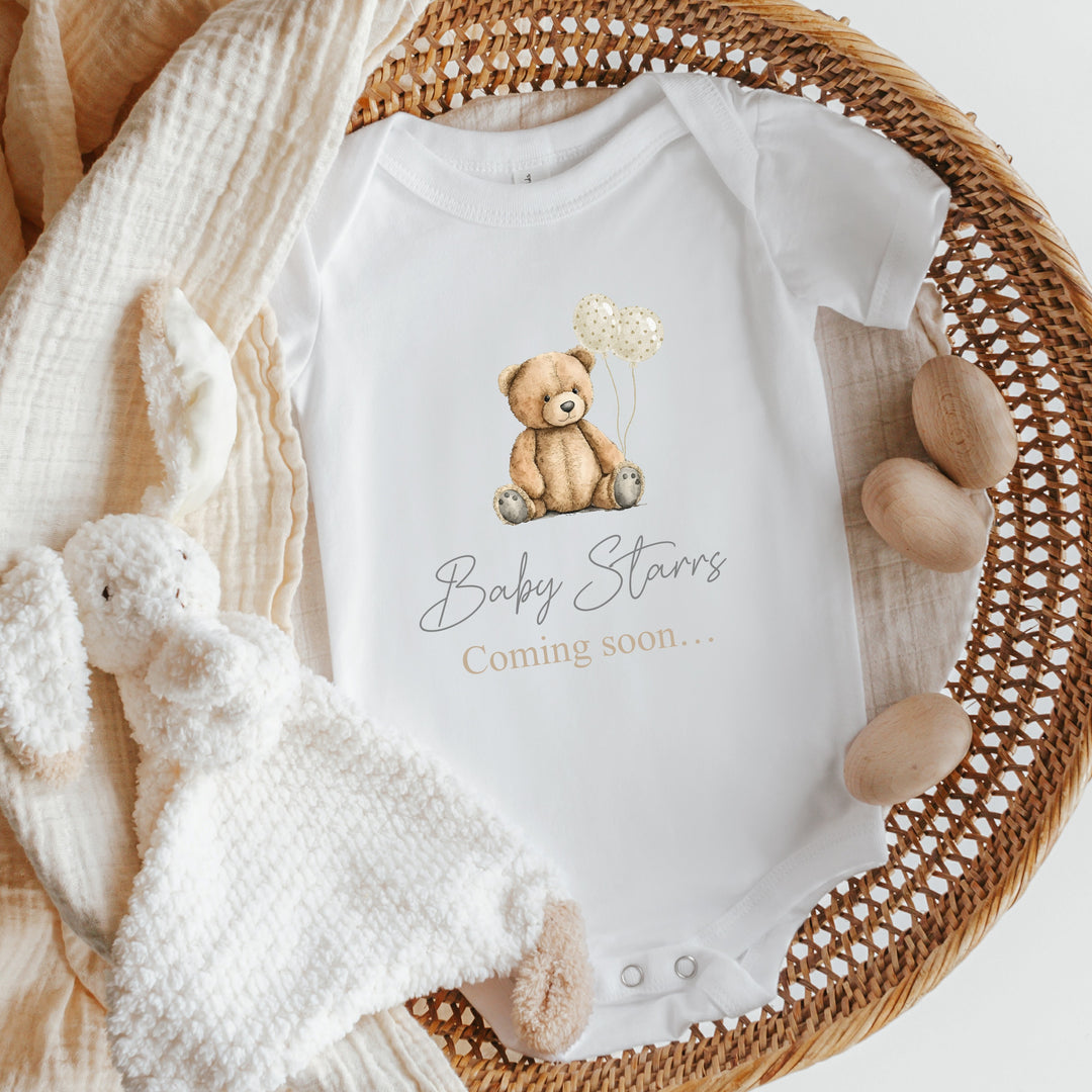 Personalised Teddy Bear Coming Soon Baby Announcement Vest