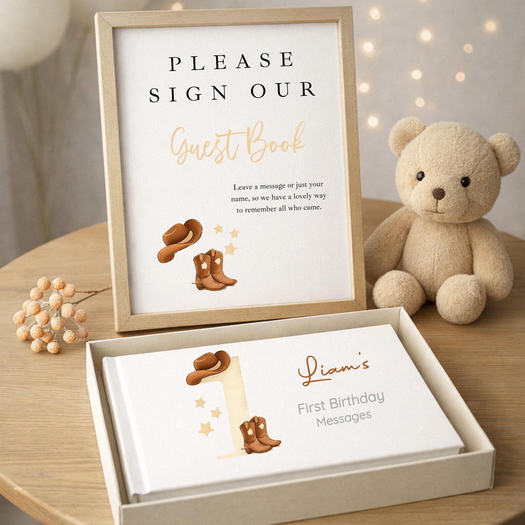 Personalised Beige Cowboy First Birthday Party Guest Book