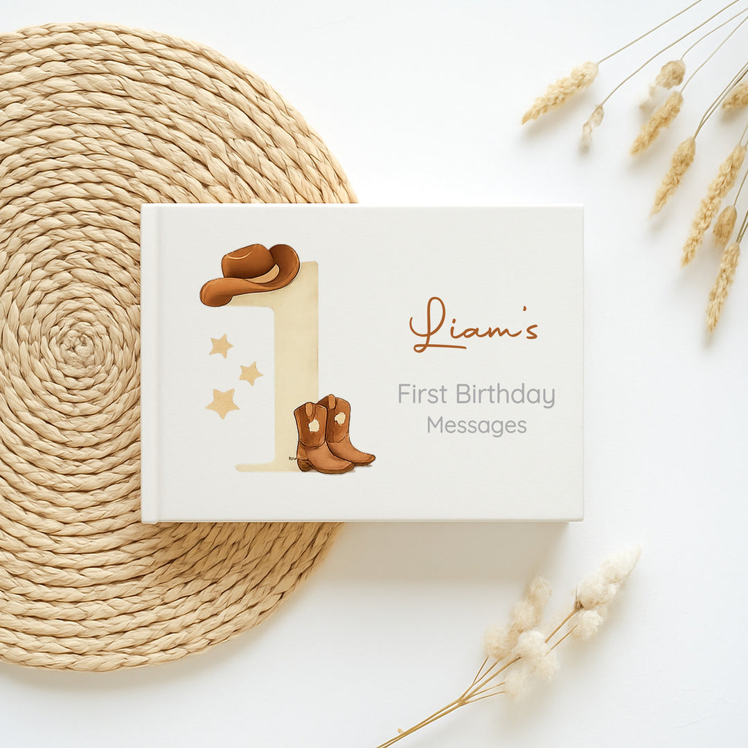 Personalised Beige Cowboy First Birthday Party Guest Book