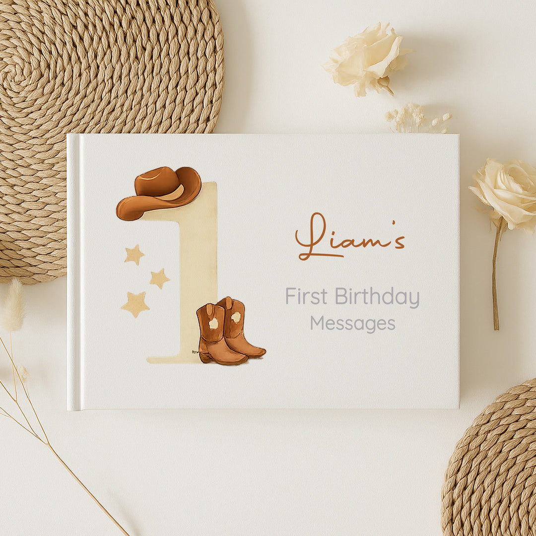 Personalised Beige Cowboy First Birthday Party Guest Book