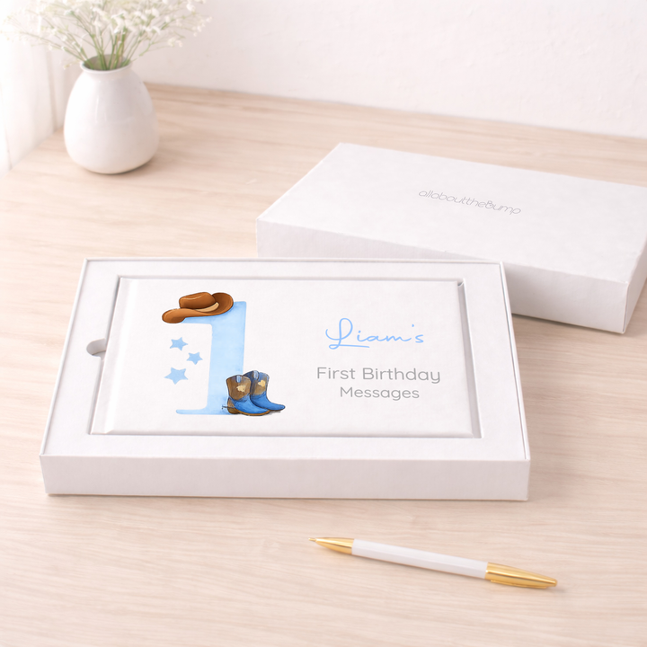 Personalised Blue Cowboy First Birthday Party Guest Book