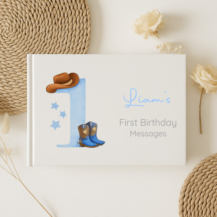 Personalised Blue Cowboy First Birthday Party Guest Book