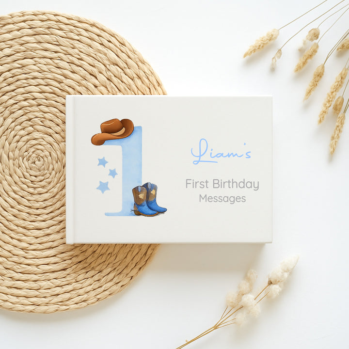 Personalised Blue Cowboy First Birthday Party Guest Book