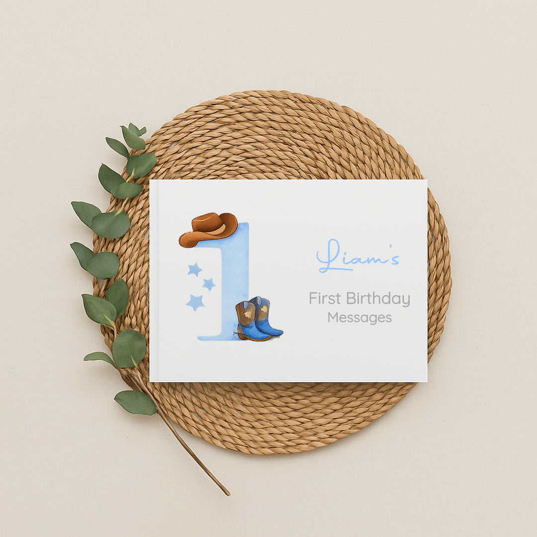 Personalised Blue Cowboy First Birthday Party Guest Book