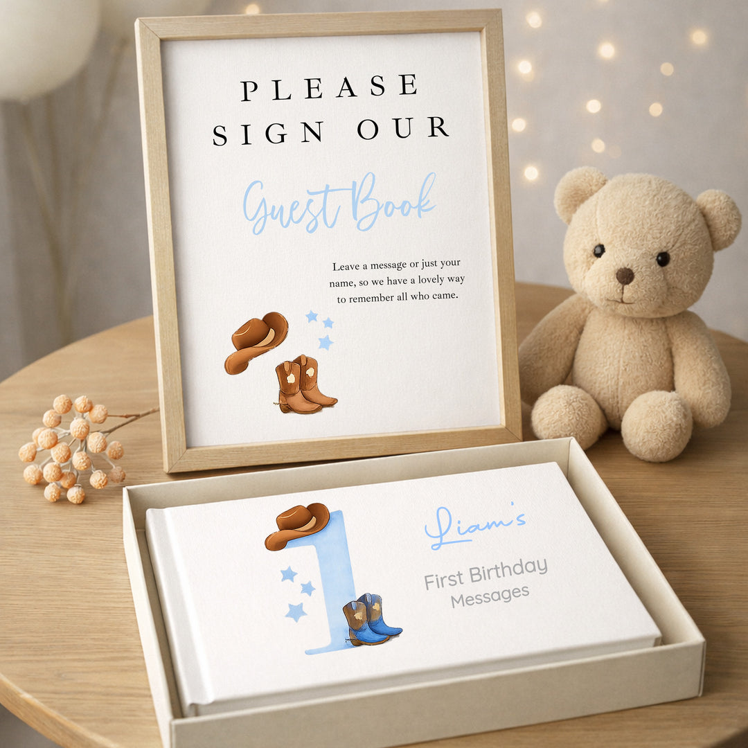 Personalised Blue Cowboy First Birthday Party Guest Book