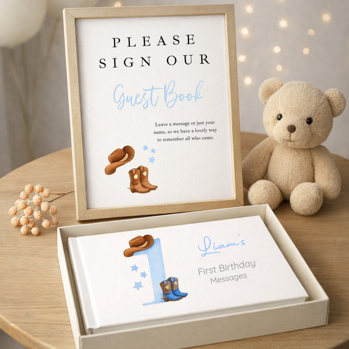 Personalised Blue Cowboy First Birthday Party Guest Book