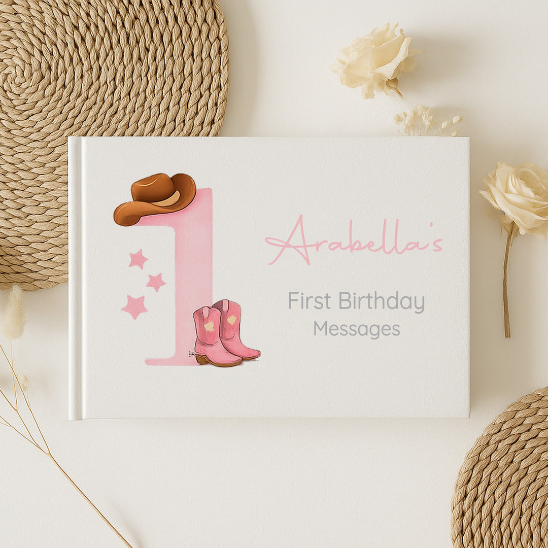Personalised Pink Cowboy First Birthday Party Guest Book