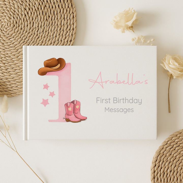 Personalised Pink Cowboy First Birthday Party Guest Book