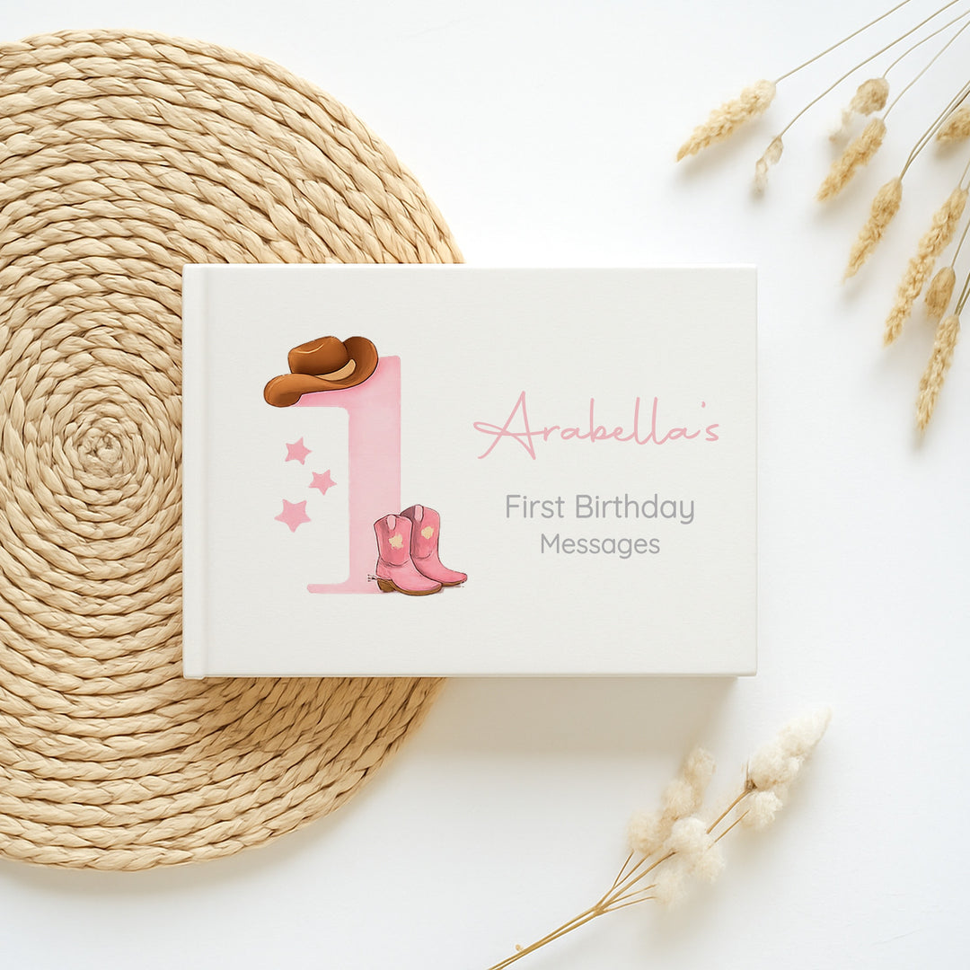 Personalised Pink Cowboy First Birthday Party Guest Book