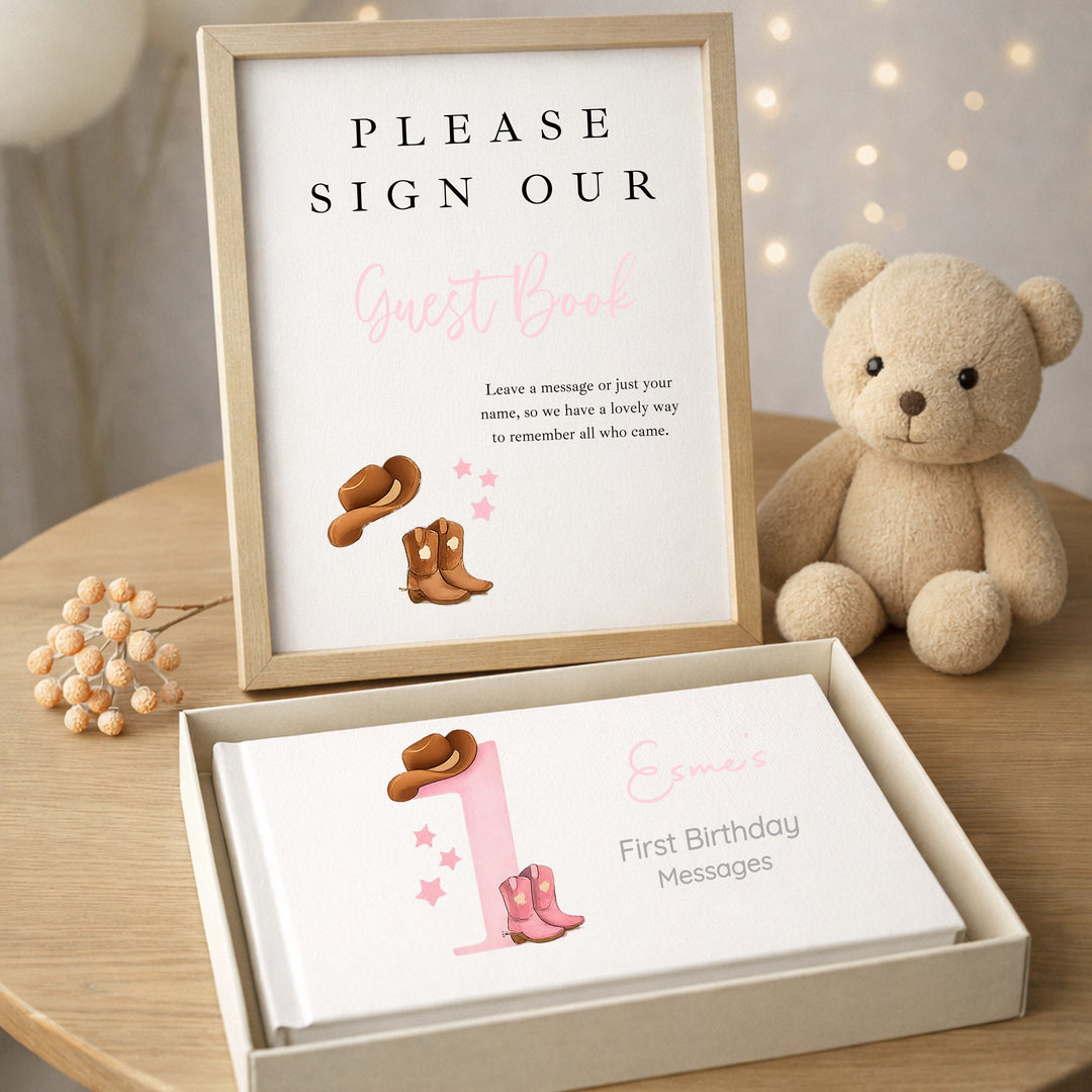 Personalised Pink Cowboy First Birthday Party Guest Book