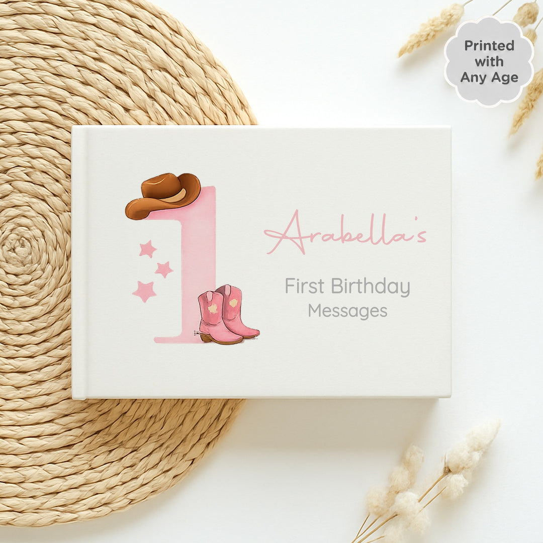 Personalised Pink Cowboy First Birthday Party Guest Book