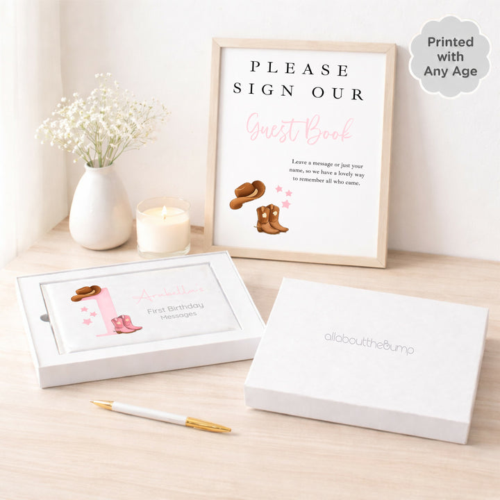 Personalised Pink Cowboy First Birthday Party Guest Book