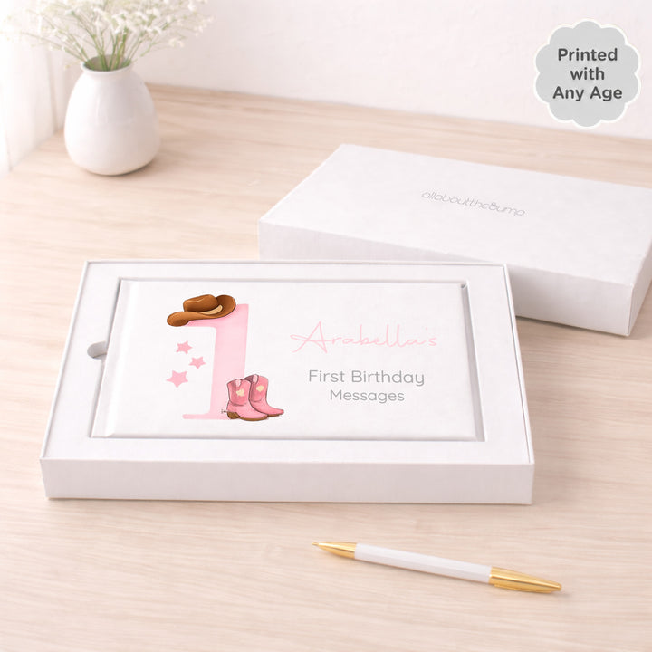 Personalised Pink Cowboy First Birthday Party Guest Book