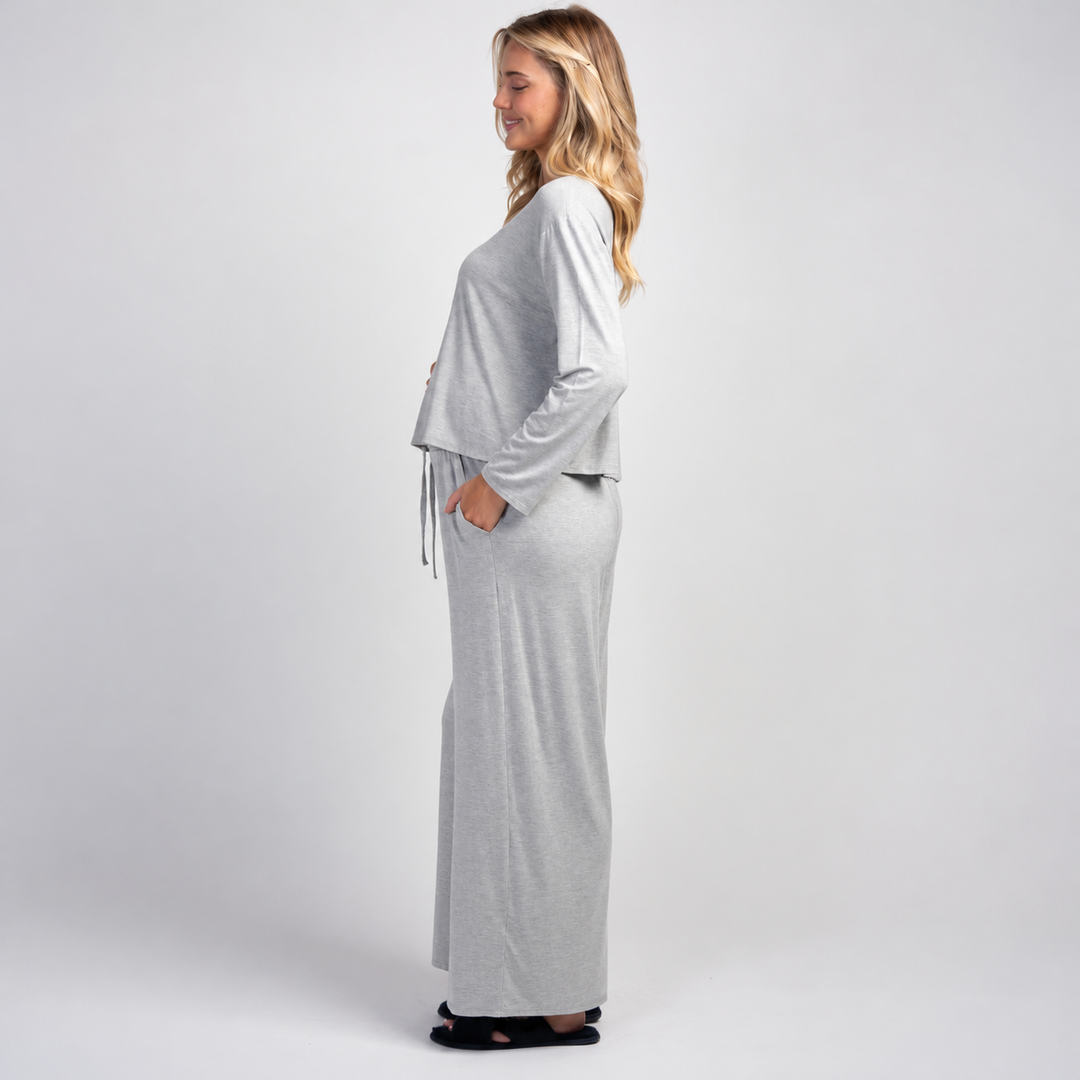 Maternity Grey 2-Piece Lounge Set with Wide Leg Trousers