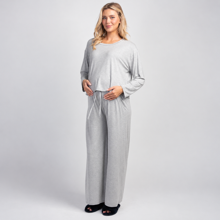 Maternity Grey 2-Piece Lounge Set with Wide Leg Trousers