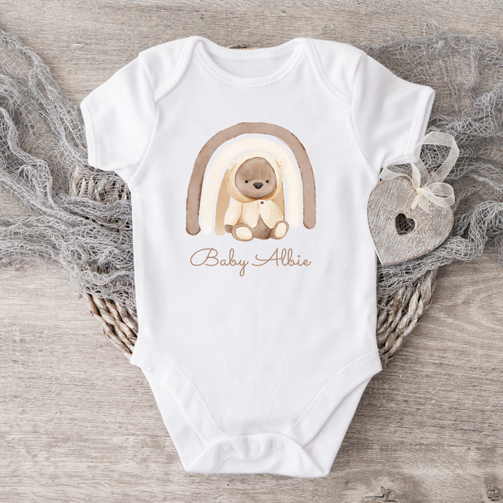 Personalised Cream Bear Rainbow Babygrow/Vest