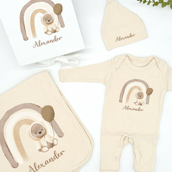 Personalised Cream Rainbow Bear Beige Hamper Clothing Gift Set