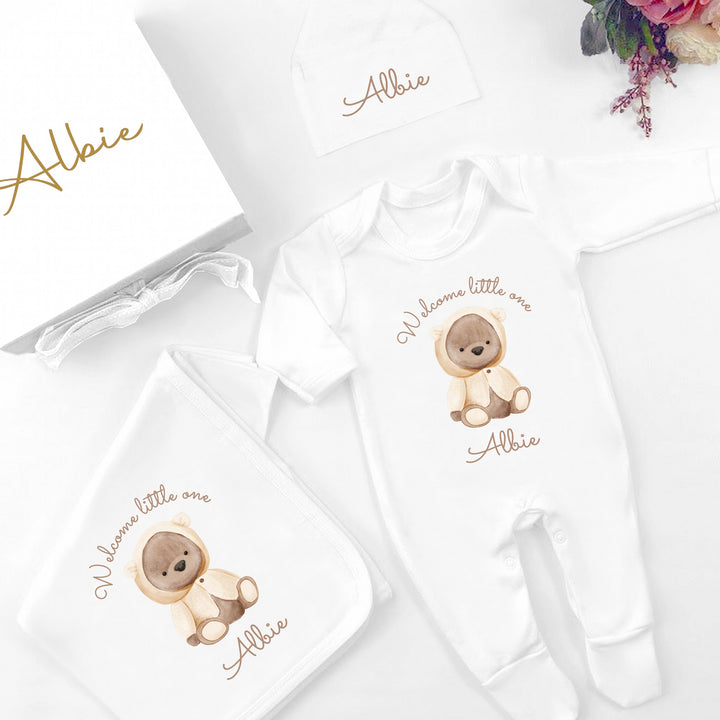 Personalised Little Cream Teddy Hamper Clothing Gift Set