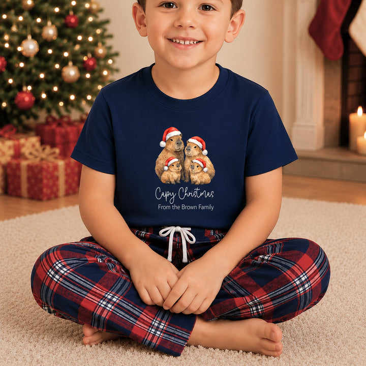 Personalised Capybara Family Matching Navy Tartan Christmas Pyjamas