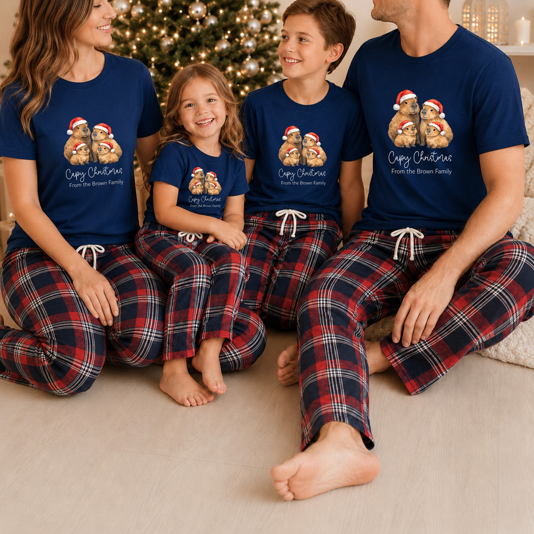 Personalised Capybara Family Matching Navy Tartan Christmas Pyjamas