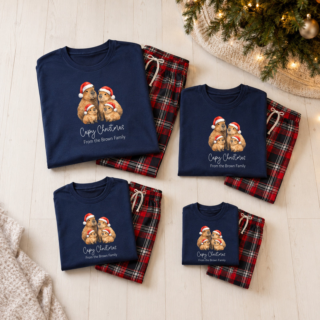 Personalised Capybara Family Matching Navy Tartan Christmas Pyjamas