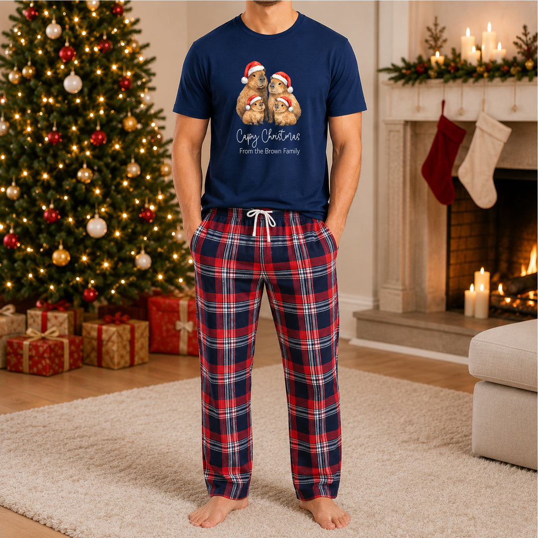 Personalised Capybara Family Matching Navy Tartan Christmas Pyjamas