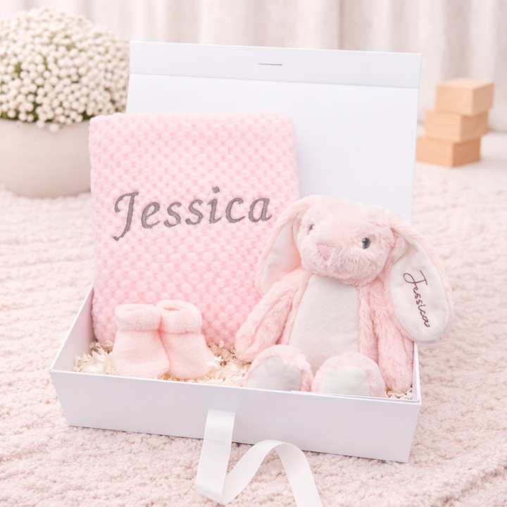 Girls Pink Blanket and Teddy Personalised Gift Hamper Set