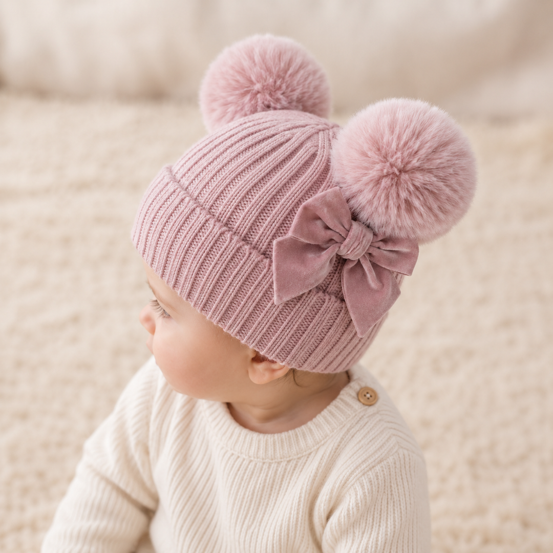 Knitted Dusky Pink Pompom Baby Hat