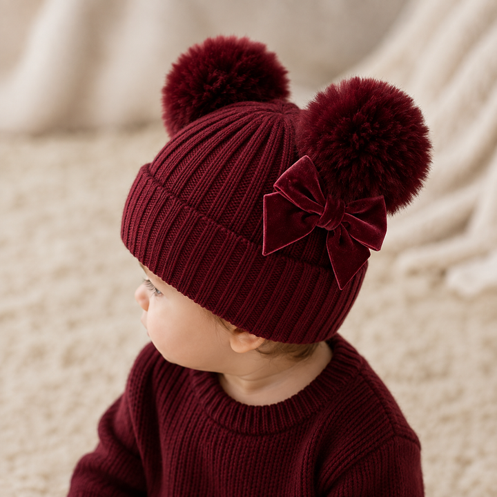 Knitted Maroon Pompom Baby Hat