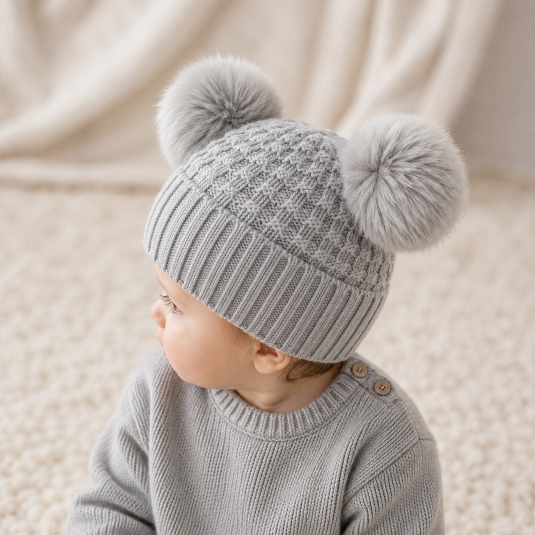 Knitted Grey Pompom Baby Hat