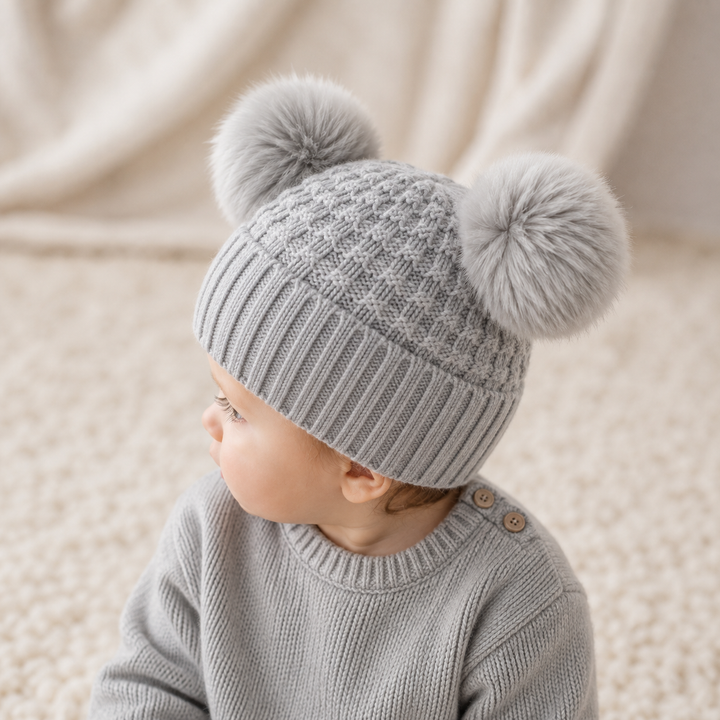 Knitted Grey Pompom Baby Hat