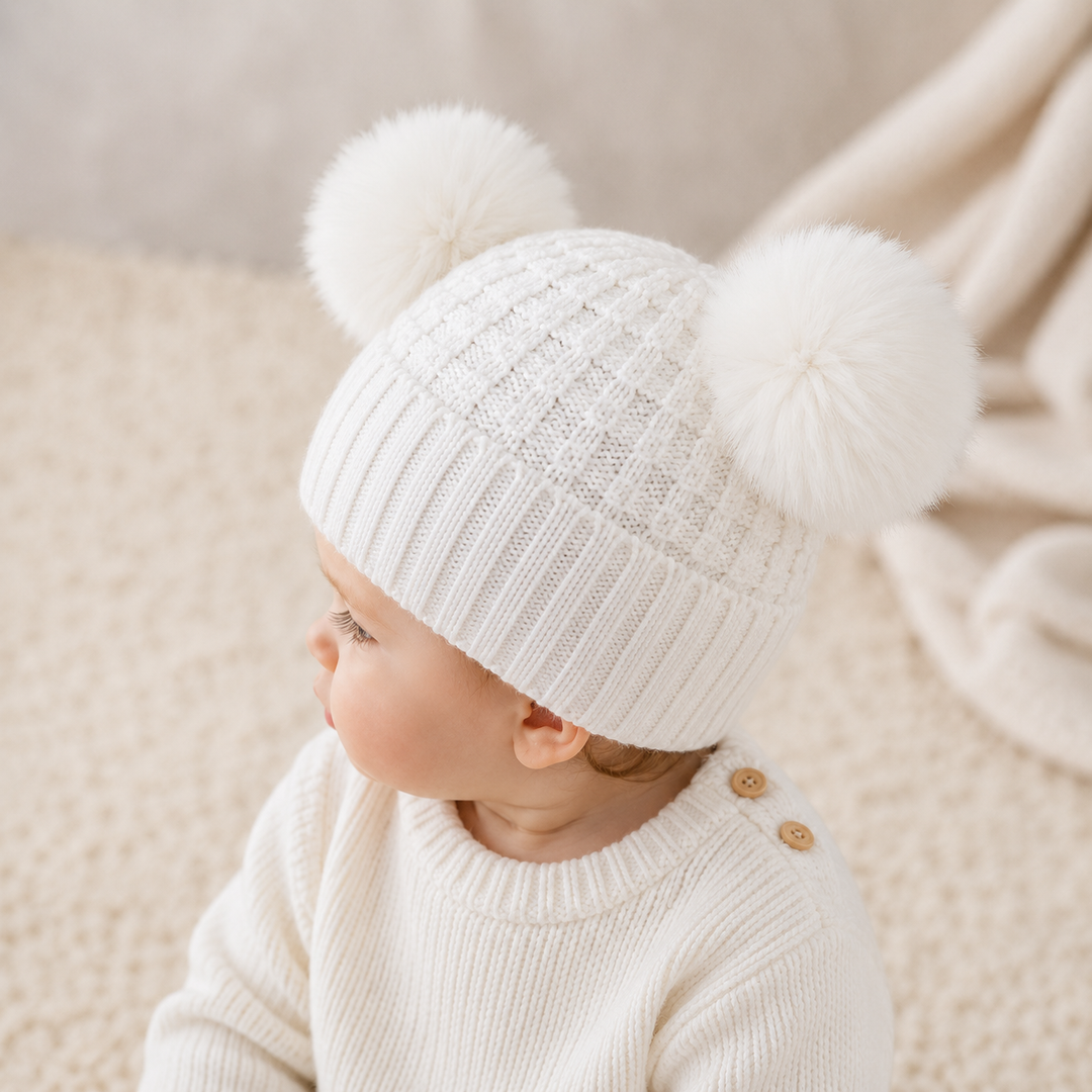 Knitted Cream Pompom Baby Hat