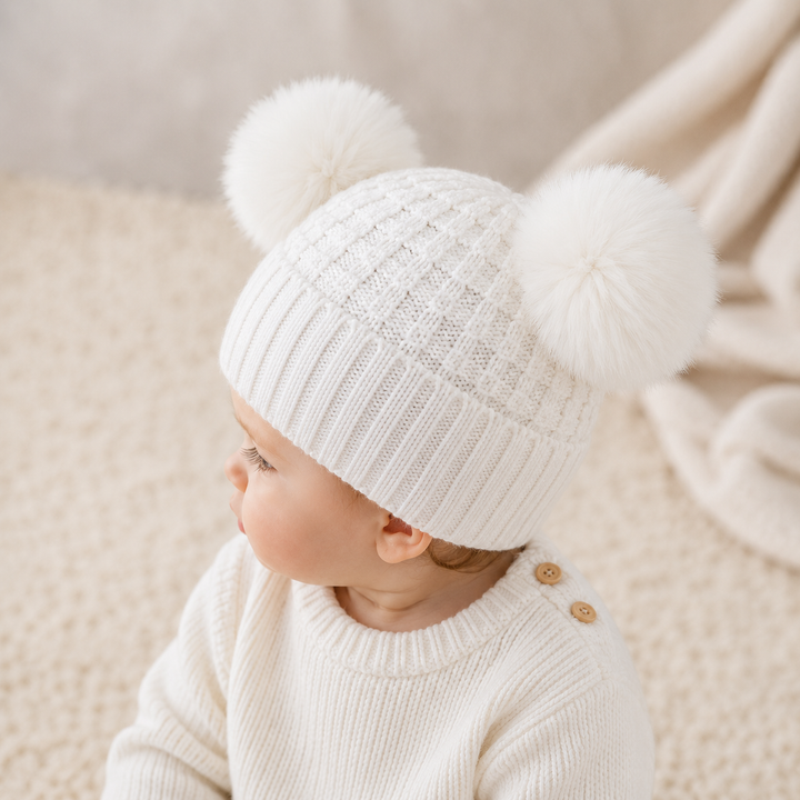 Knitted Cream Pompom Baby Hat