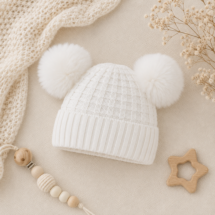Knitted Cream Pompom Baby Hat
