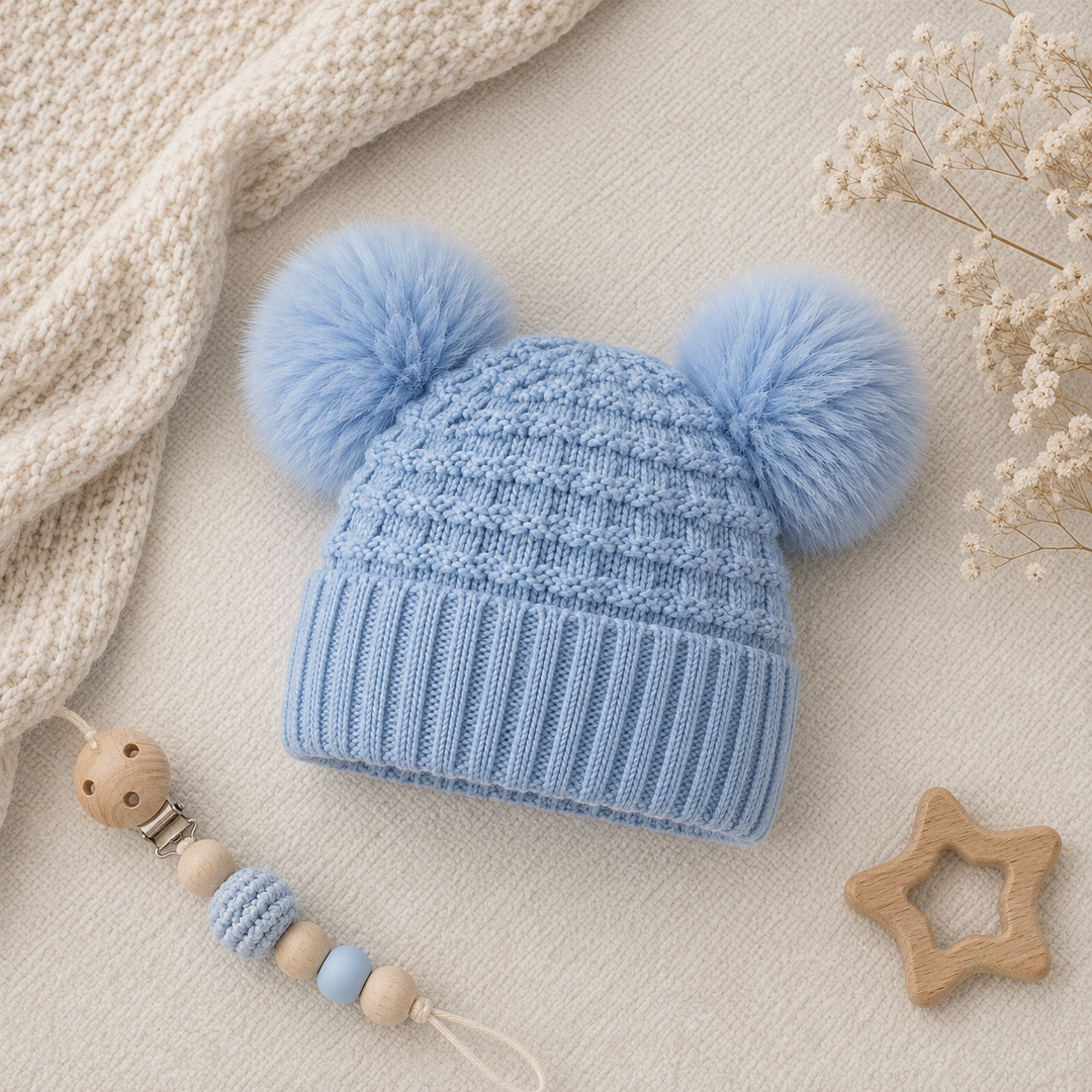 Knitted Blue Two Pompom Baby Hat